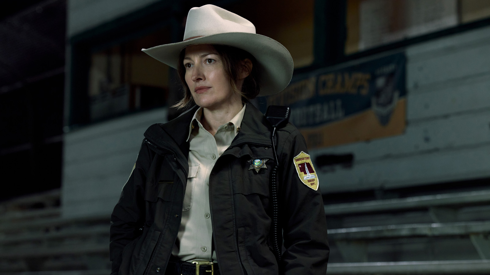 Sheriff Kerry standing at night at DC Studios' TV series Lanterns