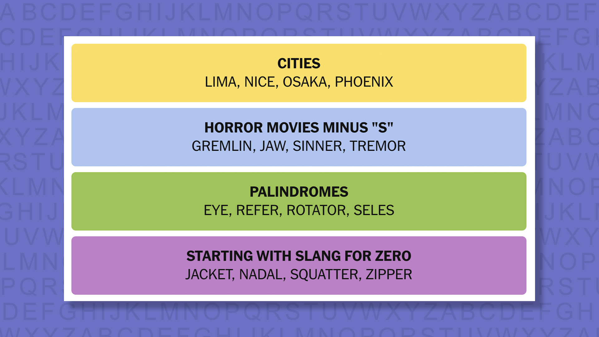 NYT Connections answers game 1001 on a purple background