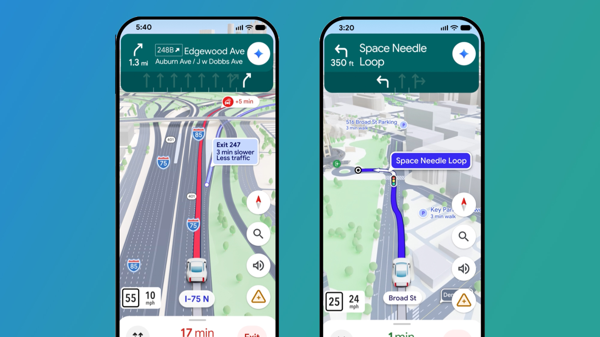 Two phones on a blue and green background showing the Google Maps application