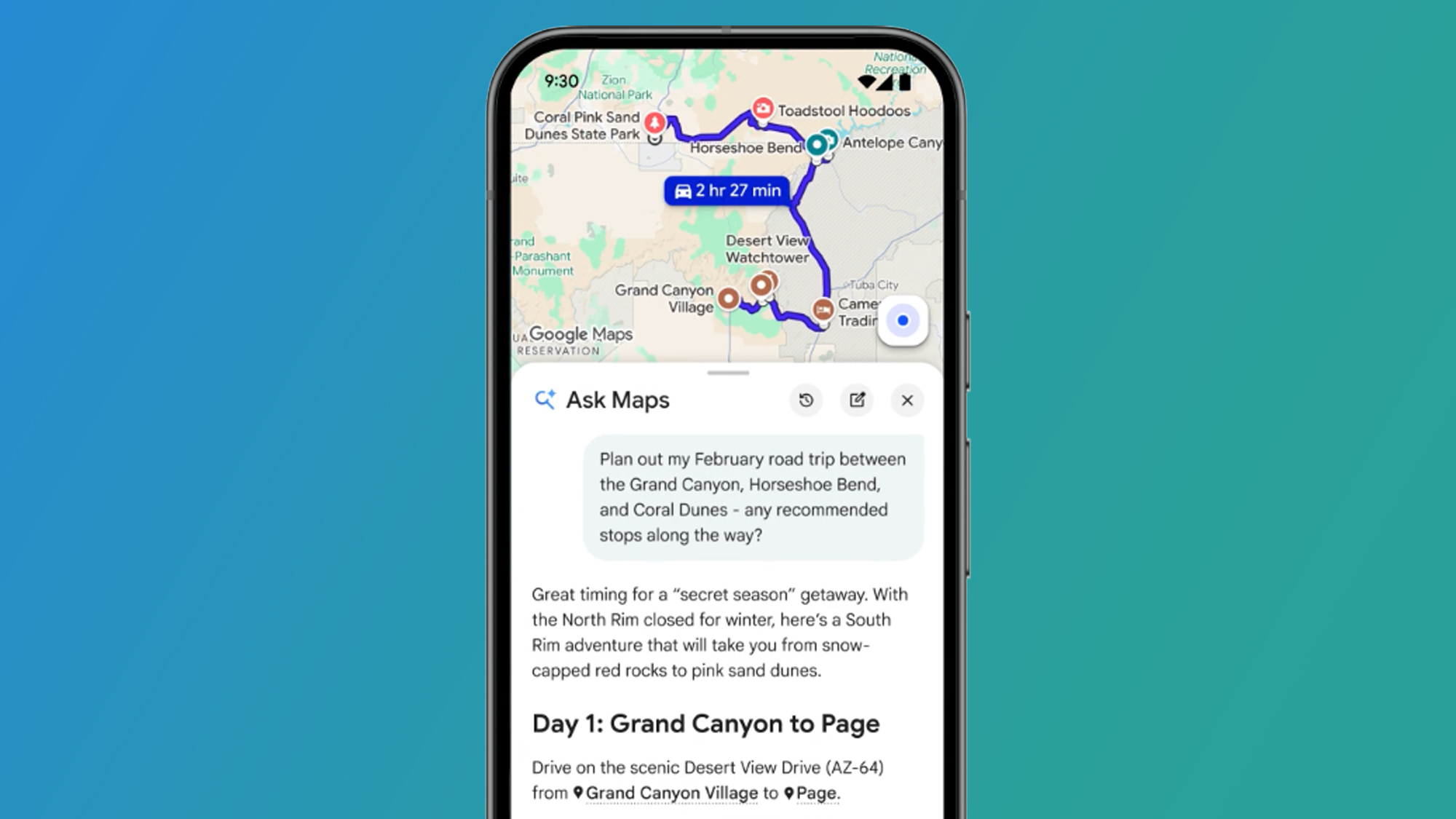 A phone on a blue and green background showing Google Maps