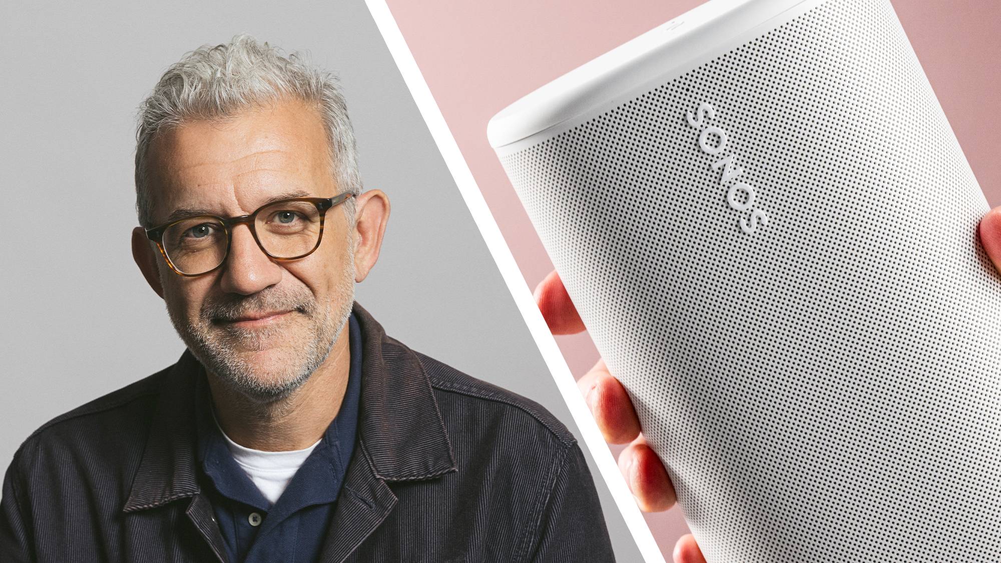 Headshot of Sonos CEO Tom Conrad on the left, a close-up of the Sonos logo on a Sonos Play speaker on the right.