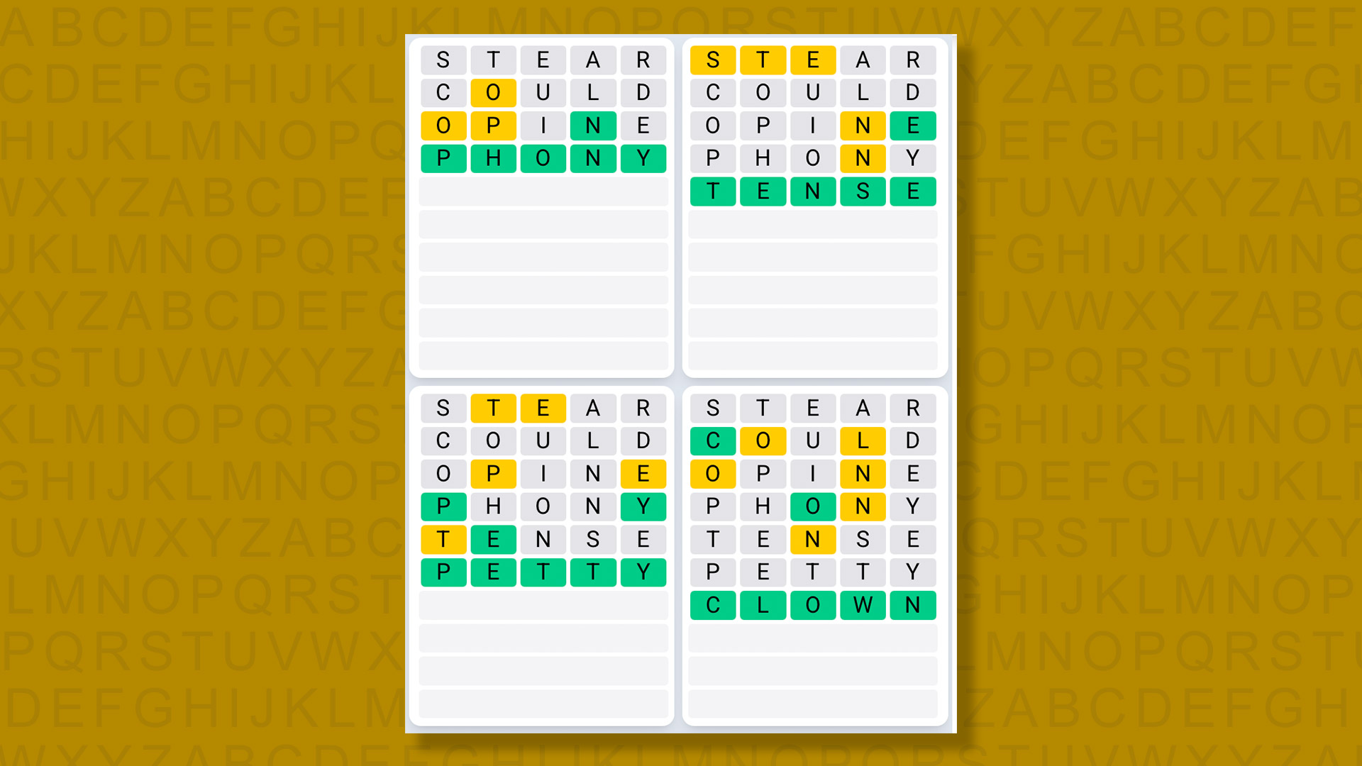 Quordle Daily Sequence answers for game 1513 on a yellow background