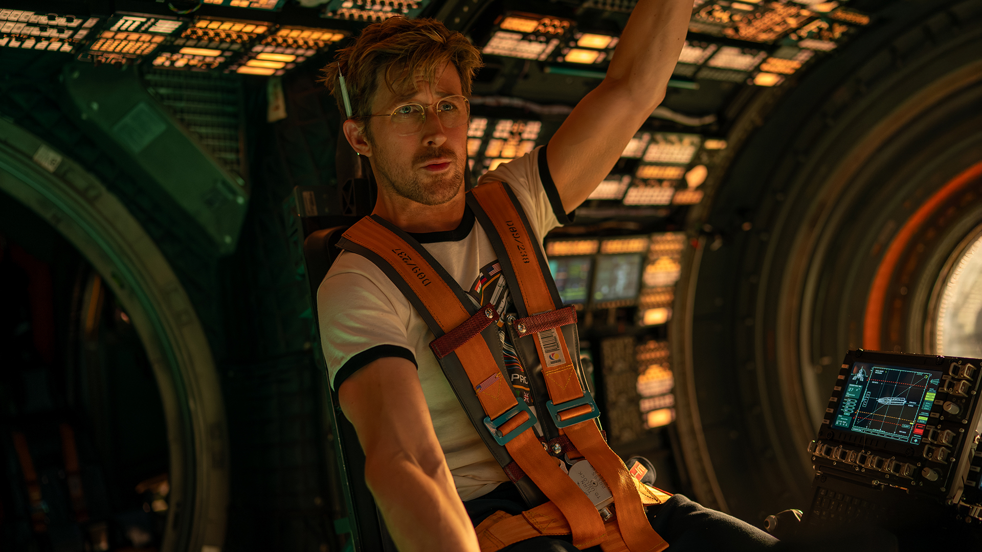 Ryland Grace sitting in the cockpit of his spaceship in Project Hail Mary