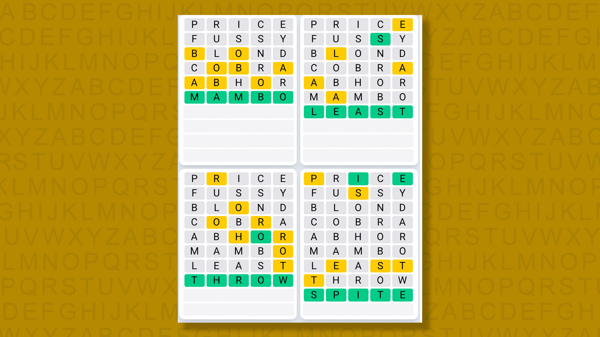 Quordle Daily Sequence answers for game 1517 on a yellow background