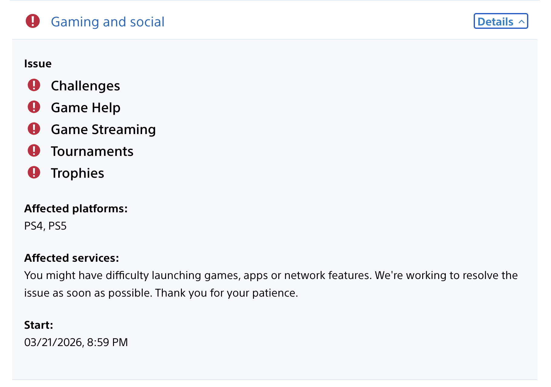A screenshot of the PlayStation status page showing that several gaming and social services are currently down.