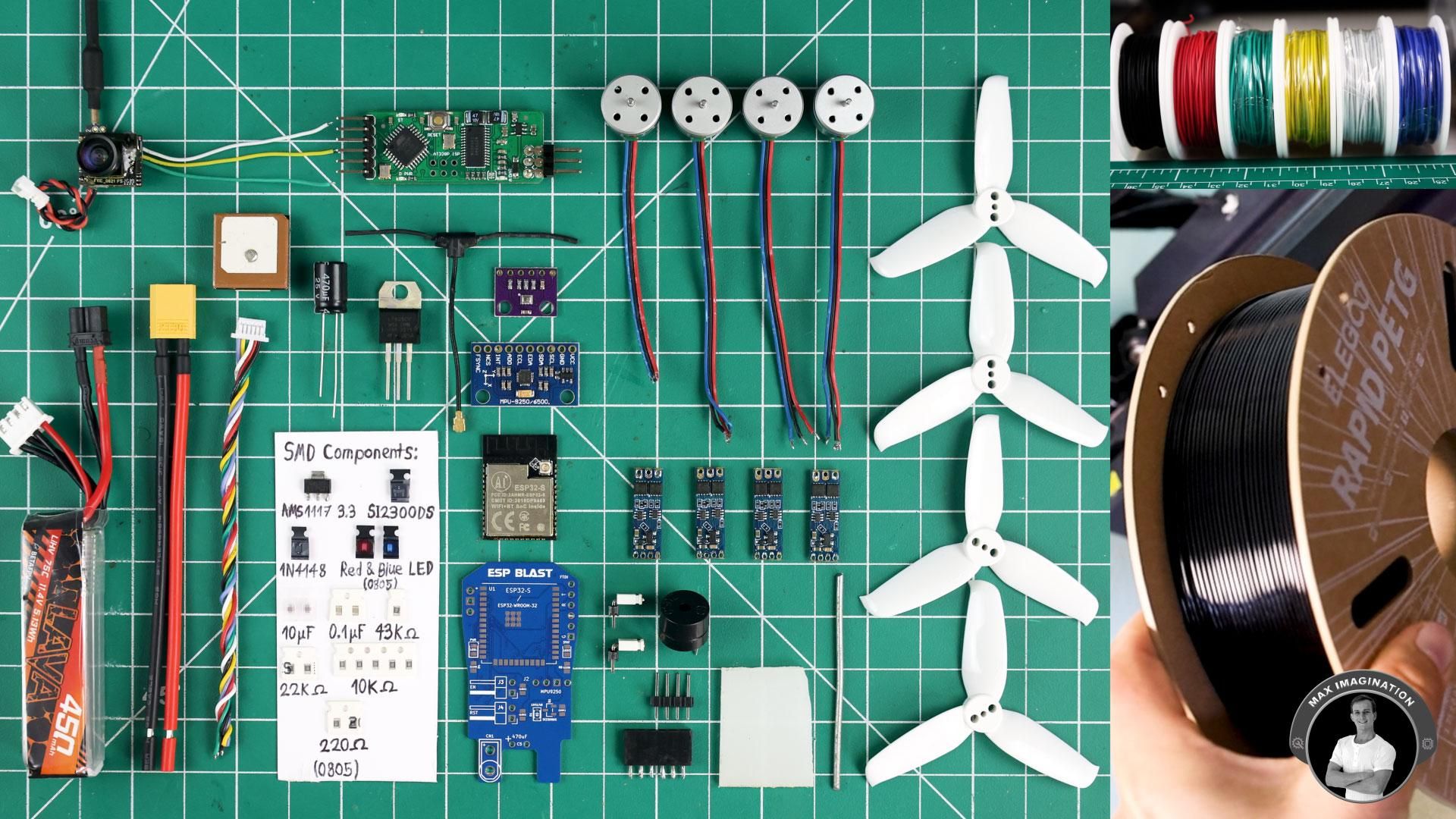 A look at the key components needed for Max Imagination's ESP32 drone DIY project