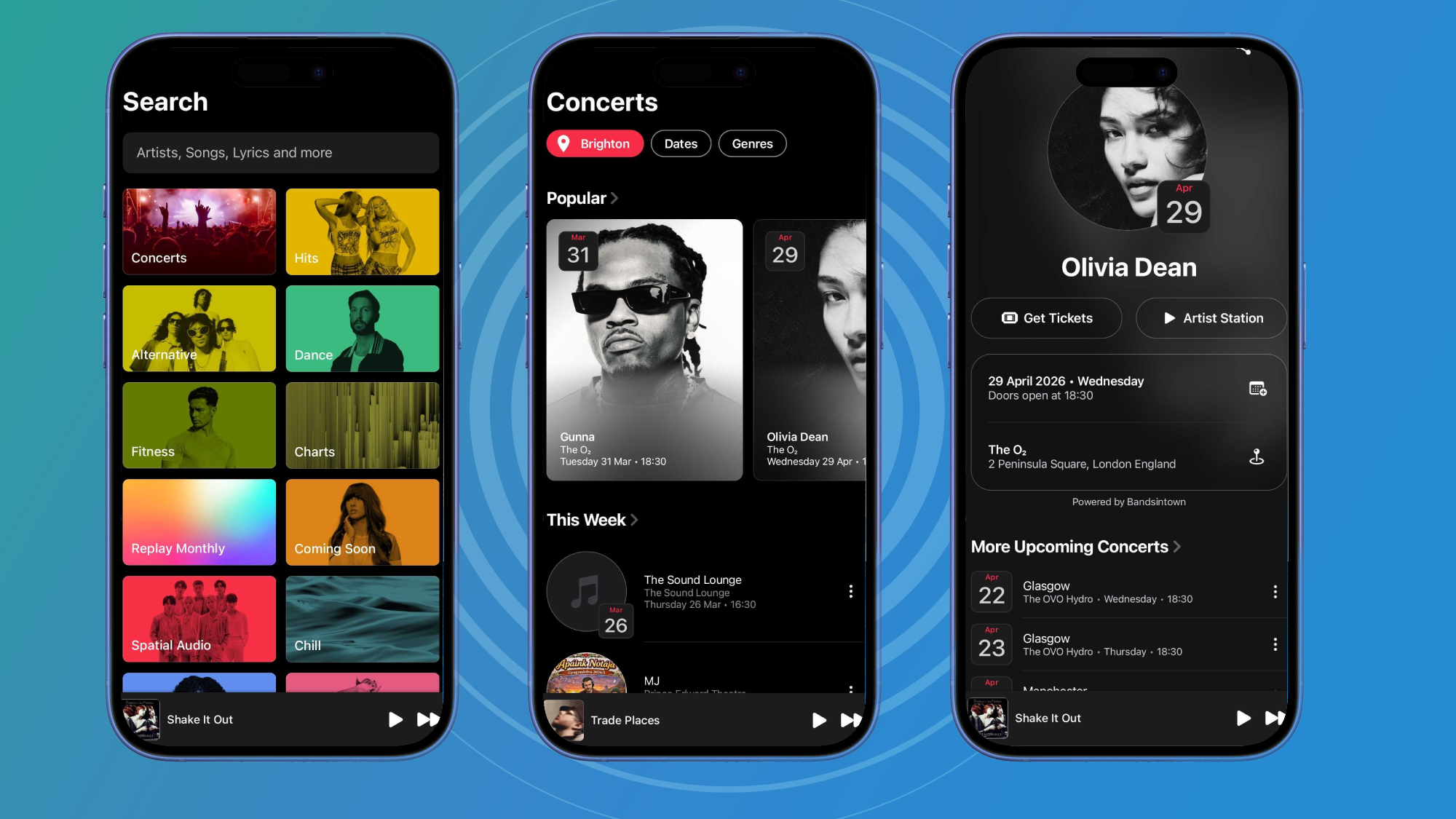Apple Music screenshots of the new Concerts page, showing upcoming concerts from several artists