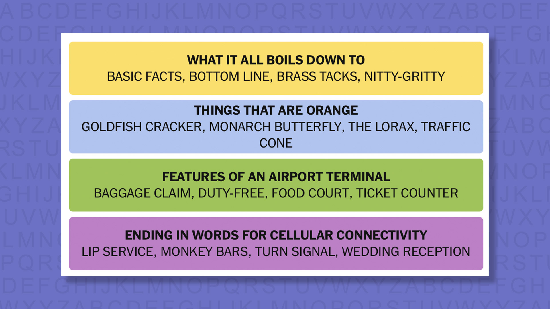 NYT Connections answers the 1020 game on a purple background