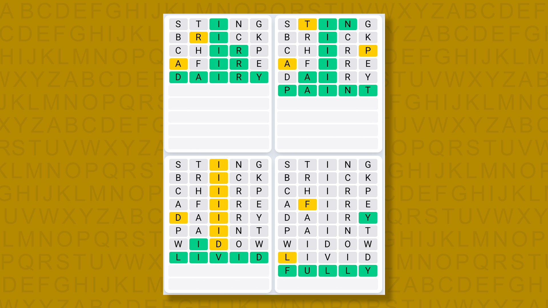 Quordle Daily Sequence answers for game 1527 on a yellow background
