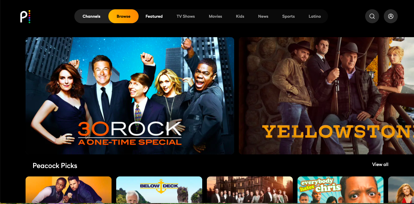 Peacock interface showing several of its best-known programs such as 30 Rock and Yellowstone.