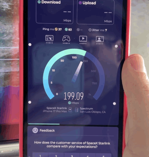 iPhone 17 Pro Max speed test on United Airlines Starlink