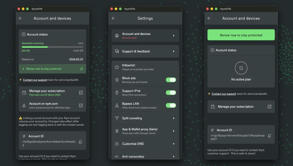 Screenshot of the new NymVPN UI (March 2026)