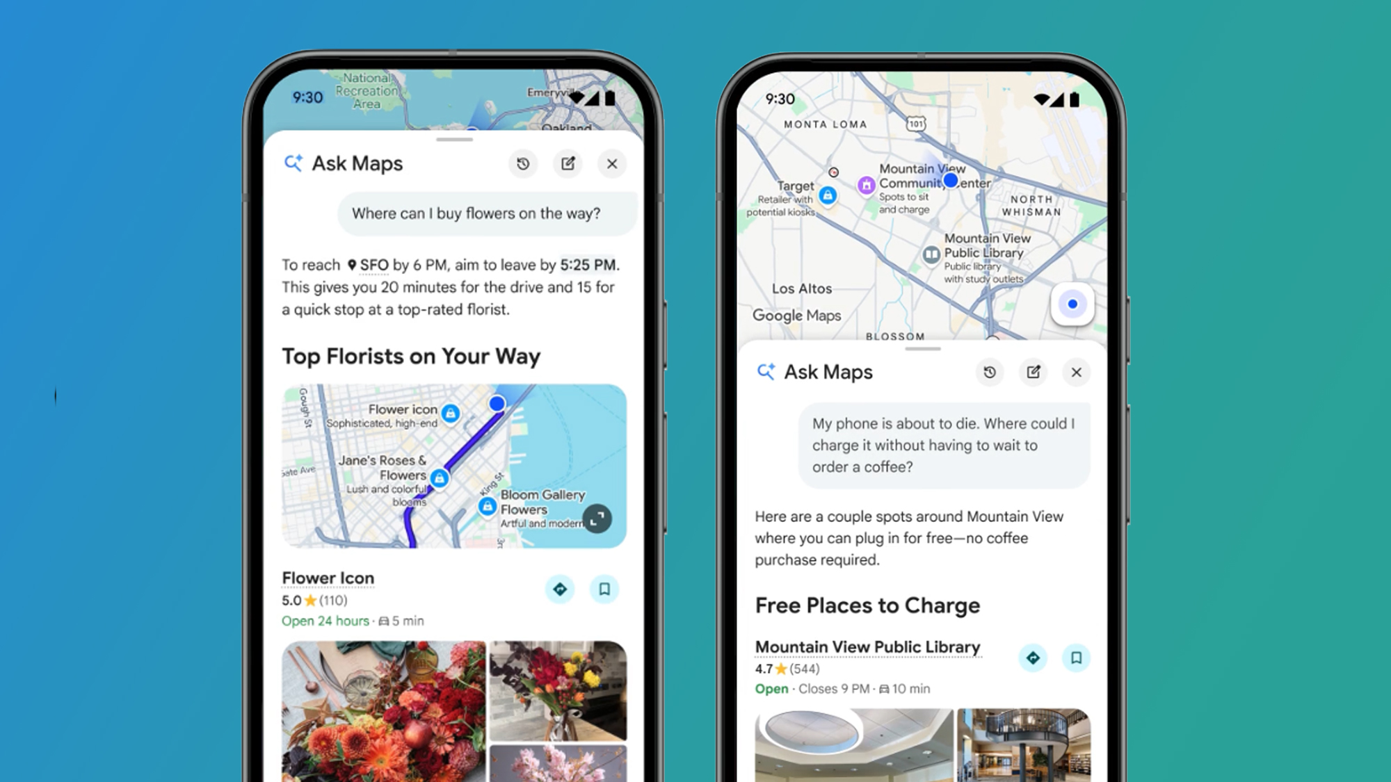 Two phones on a blue and green background showing the Google Maps application