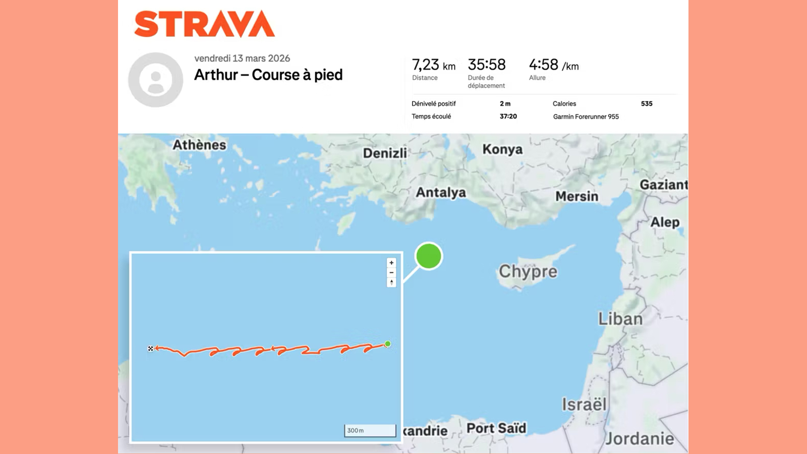 A Strava map showing an activity recorded at sea