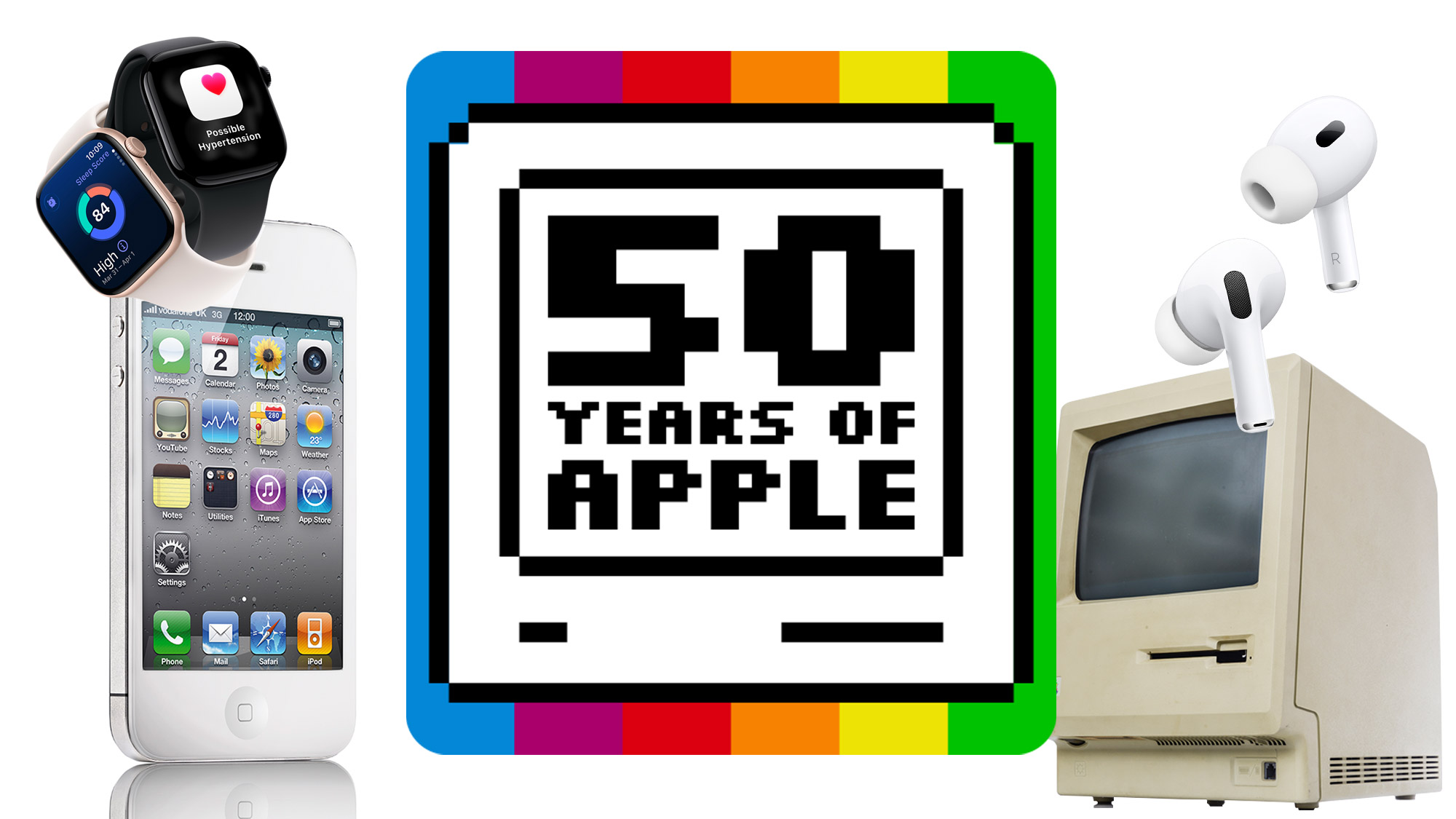 Apple Watch, iPhone, Macintosh 128k and Airpods Pro on a white background, arranged around a logo with text that says 