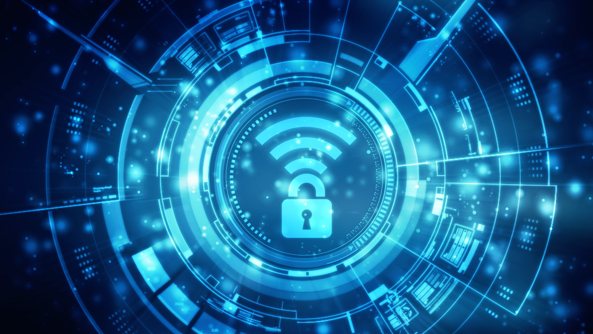 A stylized representation of a WiFi symbol with padlock located in the center of an interlocking vault.