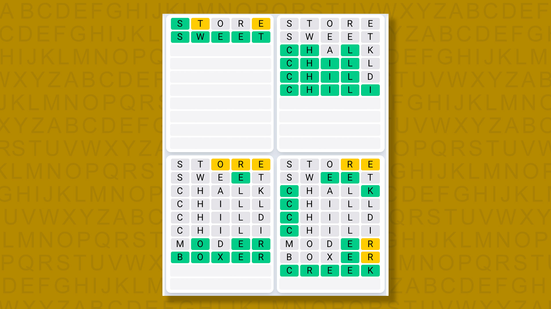 Quordle Daily Sequence answers for game 1528 on a yellow background