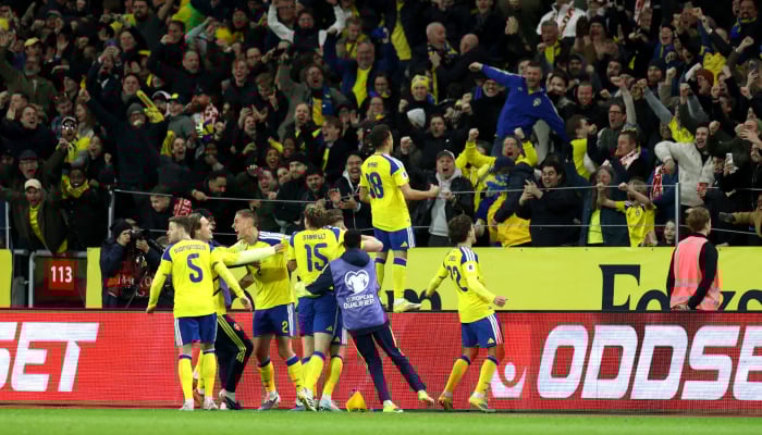 Sweden's players celebrate after their third goal during the UEFA FIFA World Cup Qualifier against Poland at the Strawberry Arena, Solna, Sweden, March 31, 2026. – Reuters
