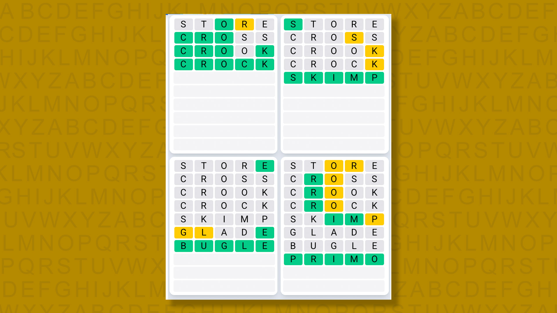 Quordle Daily Sequence answers for game 1529 on a yellow background