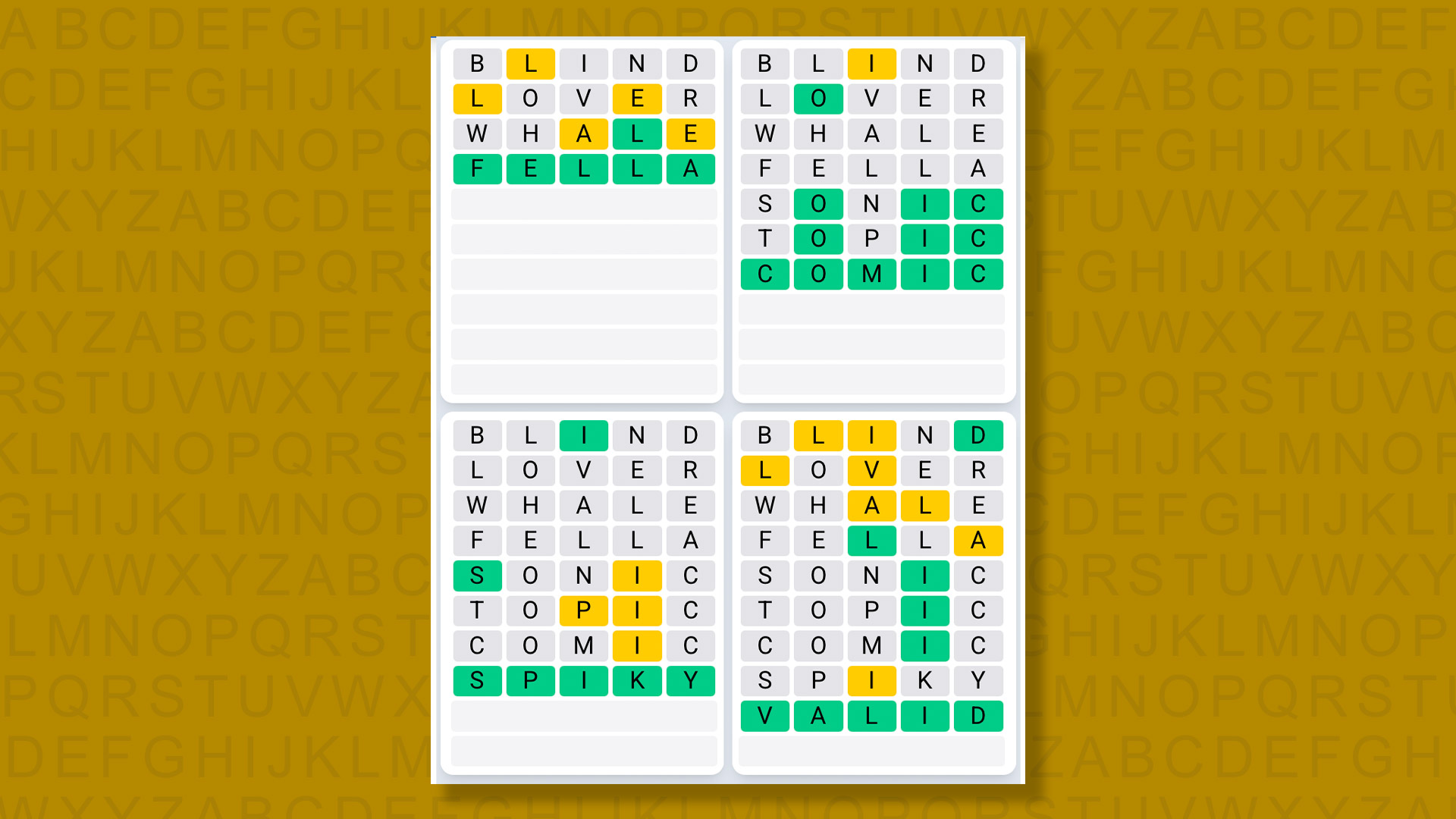 Quordle Daily Sequence answers for game 1530 on a yellow background