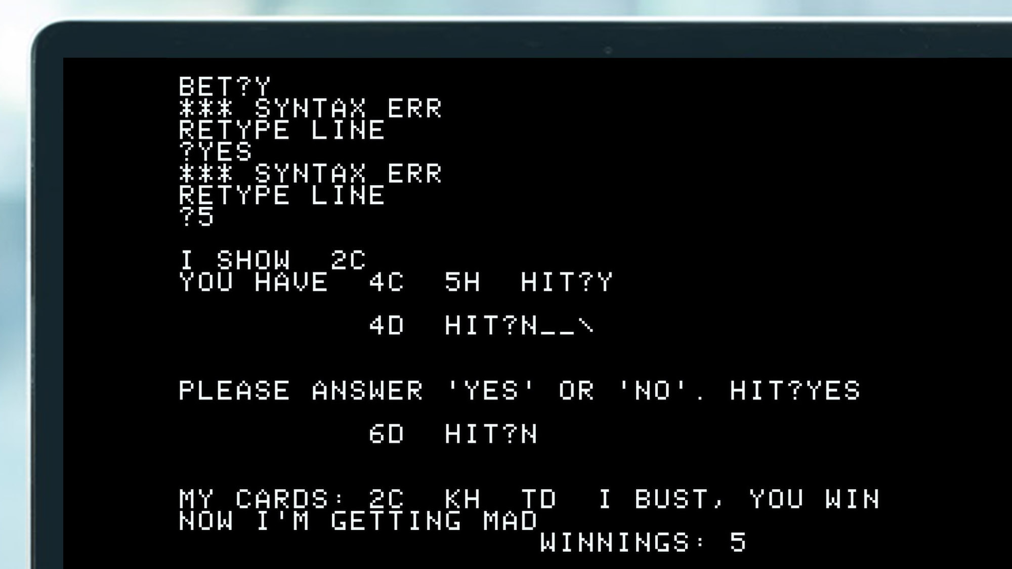 An emulated Apple-1 game on a laptop
