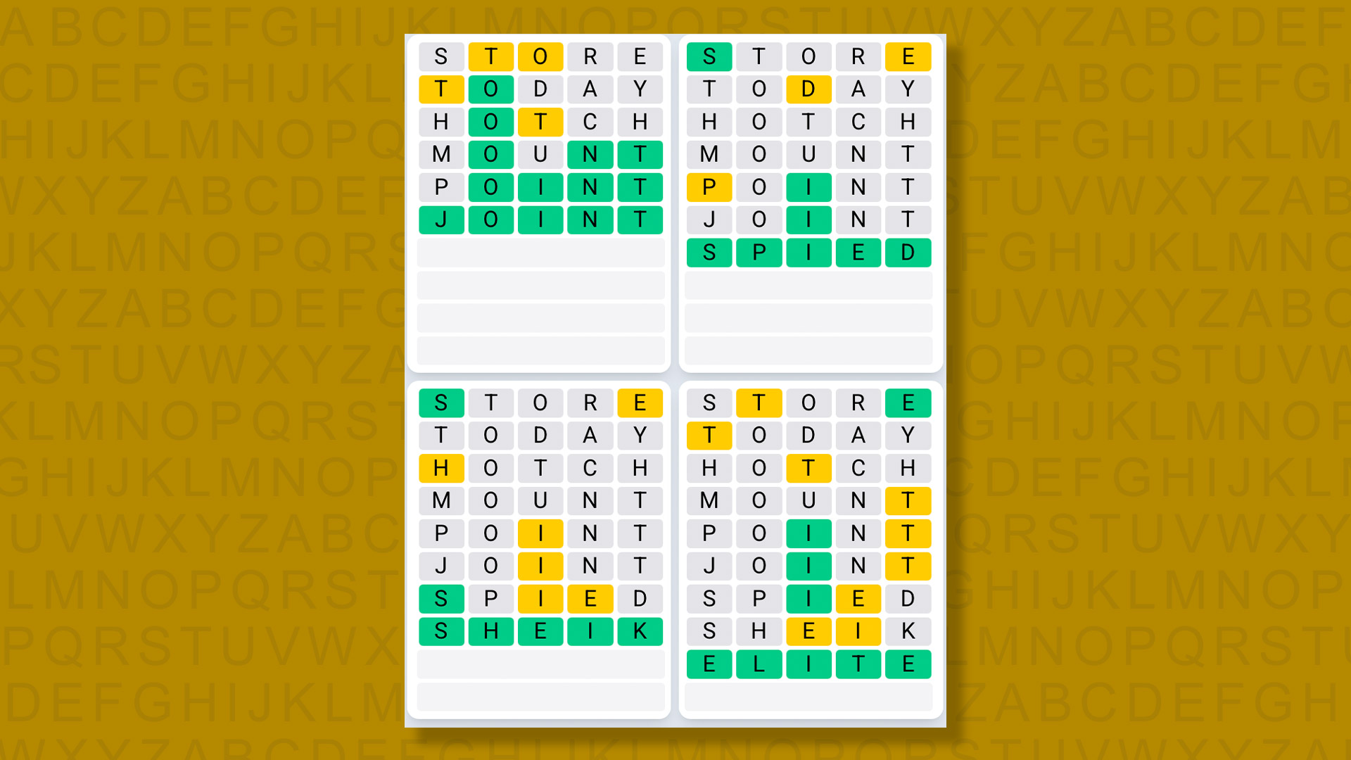 Quordle Daily Sequence answers for game 1531 on a yellow background