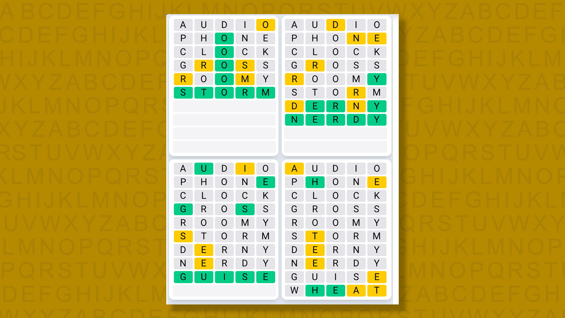 Quordle Daily Sequence answers for game 1533 on a yellow background