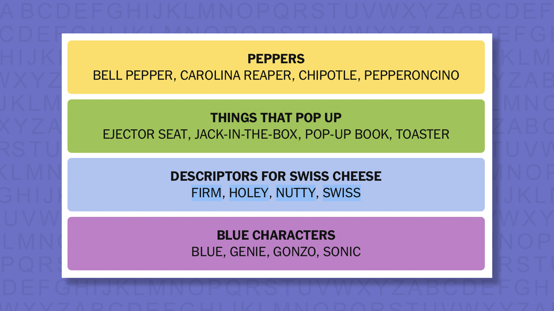 NYT Connections answers game 1034 on a purple background