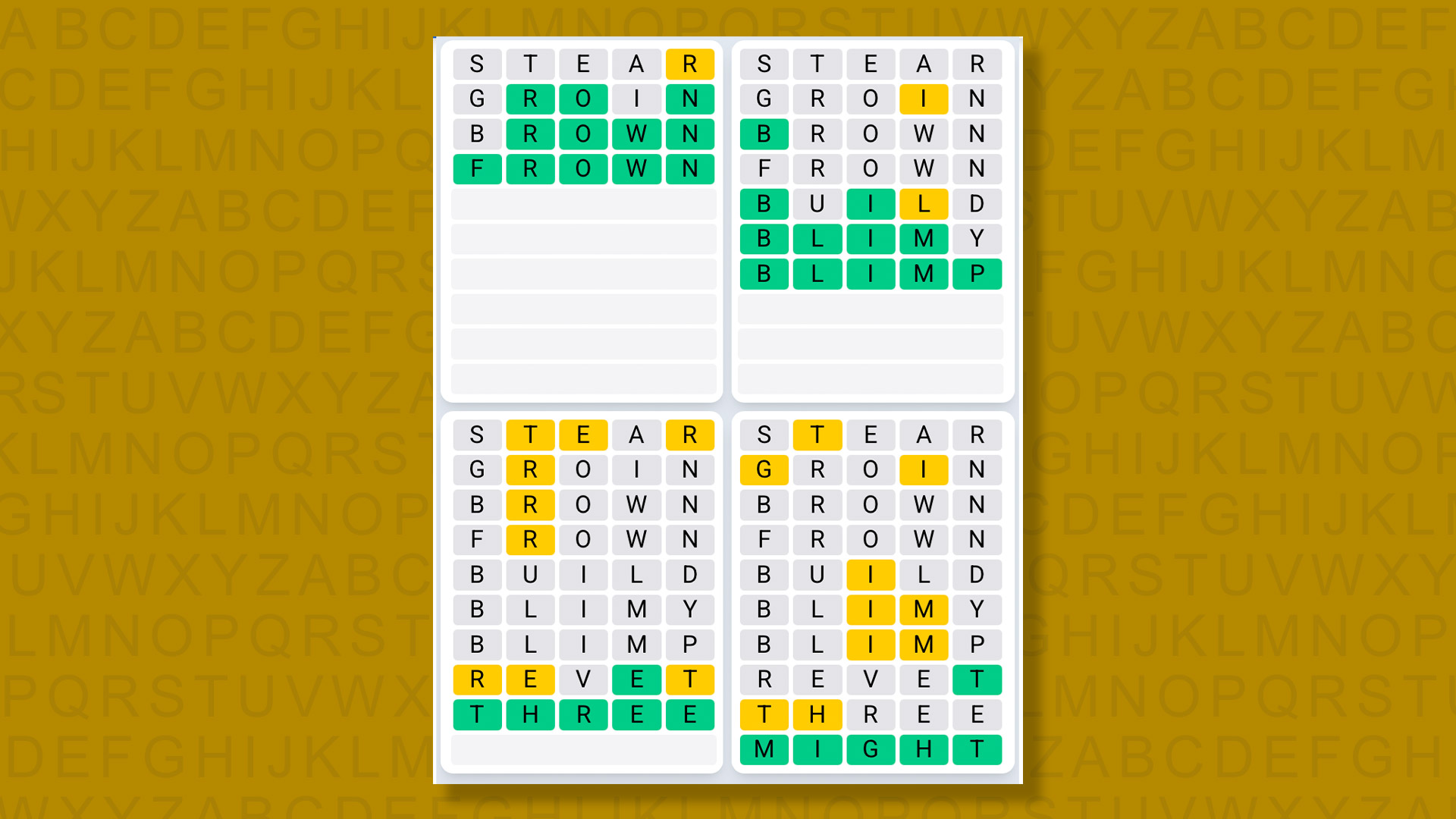 Quordle Daily Sequence answers for game 1537 on a yellow background