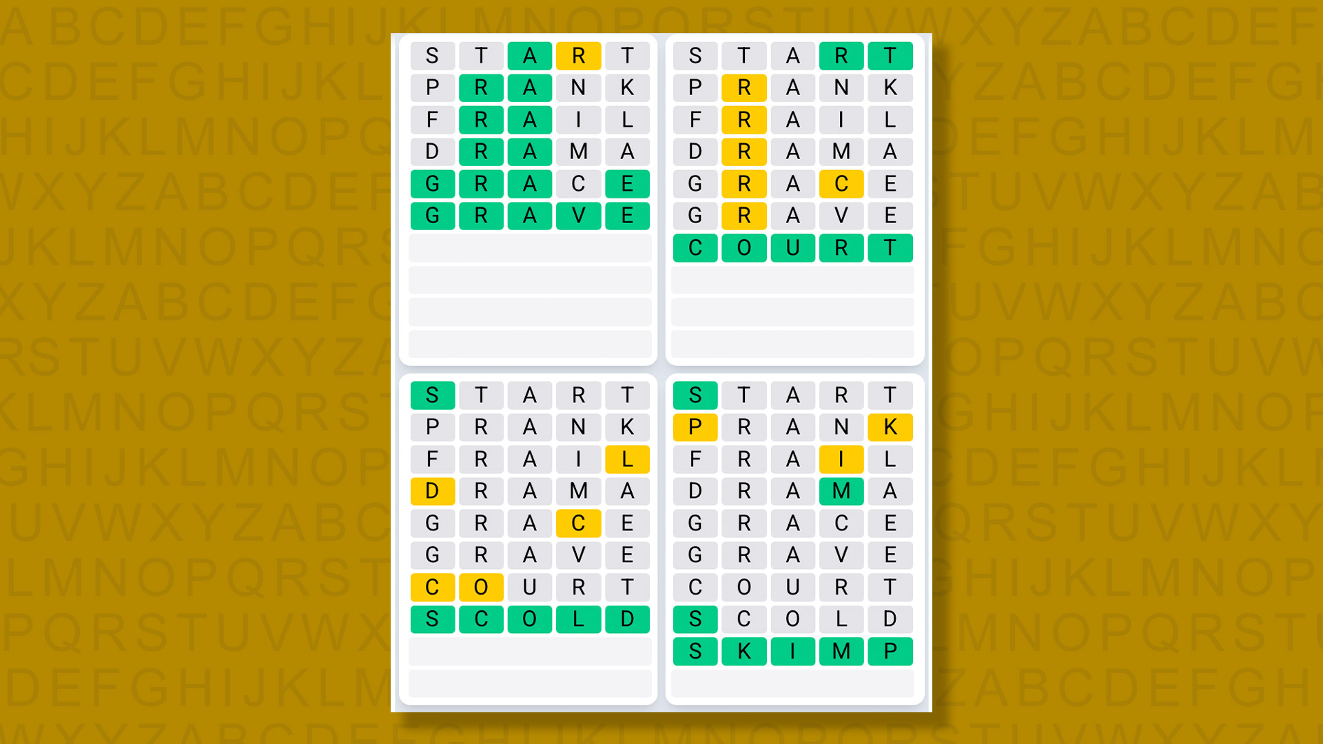 Quordle Daily Sequence answers for game 1540 on a yellow background