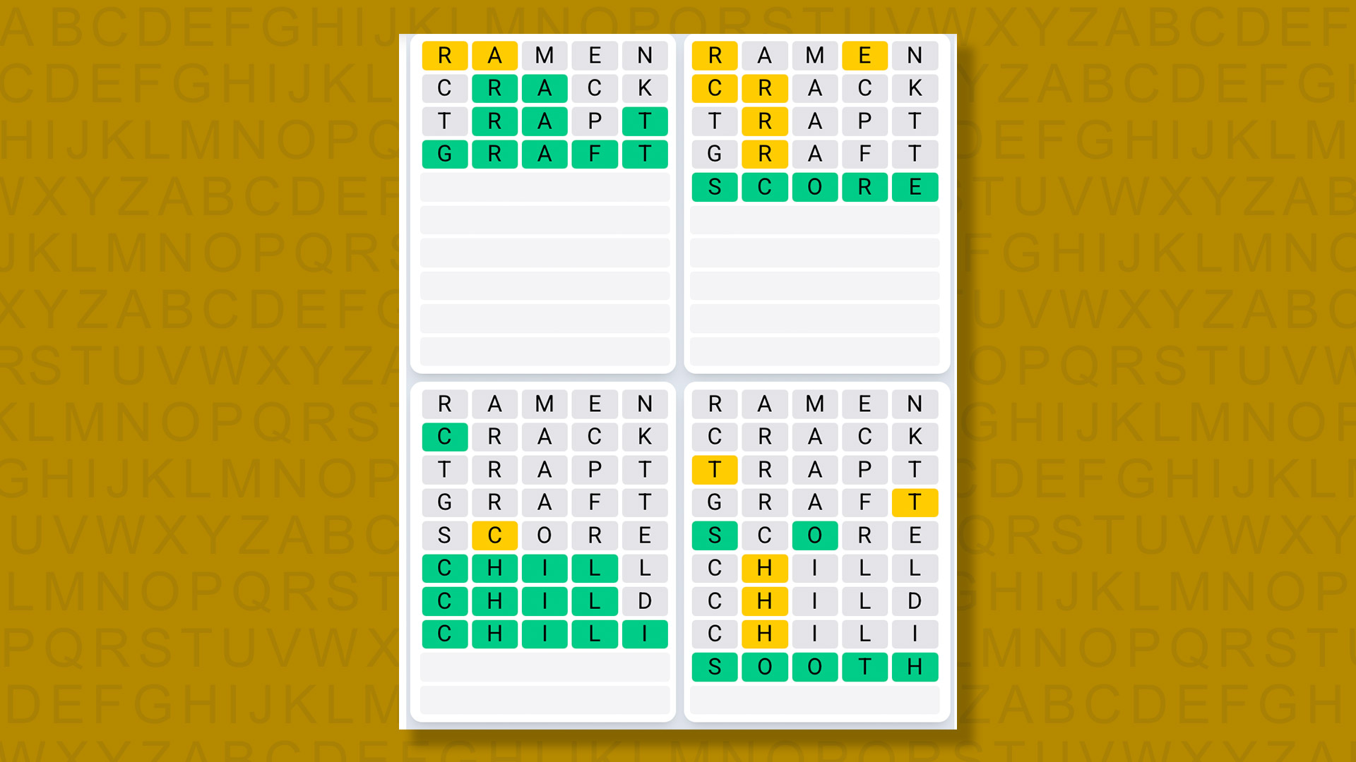 Quordle Daily Sequence answers for game 1542 on a yellow background