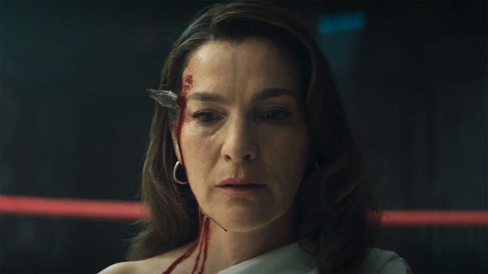 Vanessa Fisk looking down with a large shard of glass sticking out of her head in Daredevil: Born Again season 2, episode 4