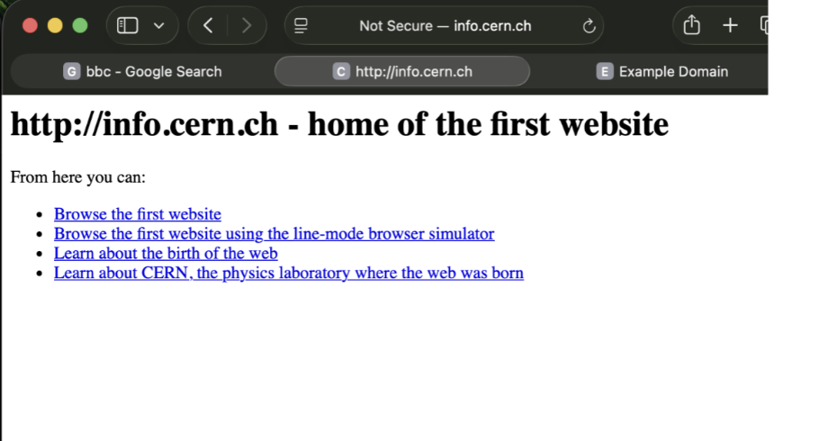 Screenshot showing a successful connection to unencrypted http://info.cern.ch