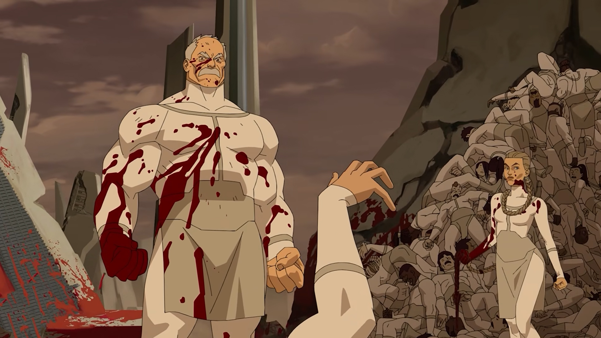A bloodied Conquest standing near a pile of corpses in Invincible season 4 episode 7