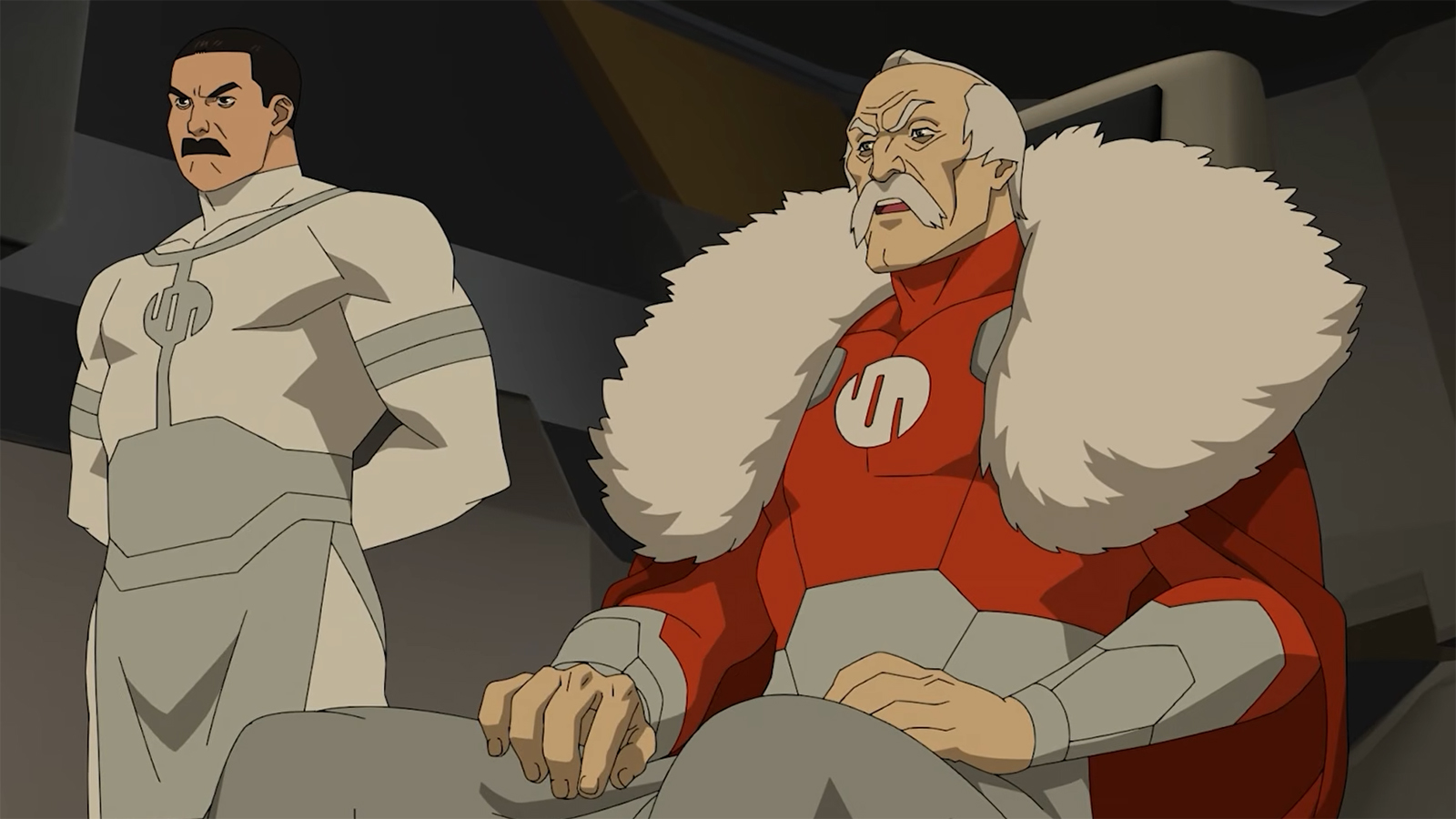 Thragg standing next to a seated Argall in Invincible season 4 episode 7
