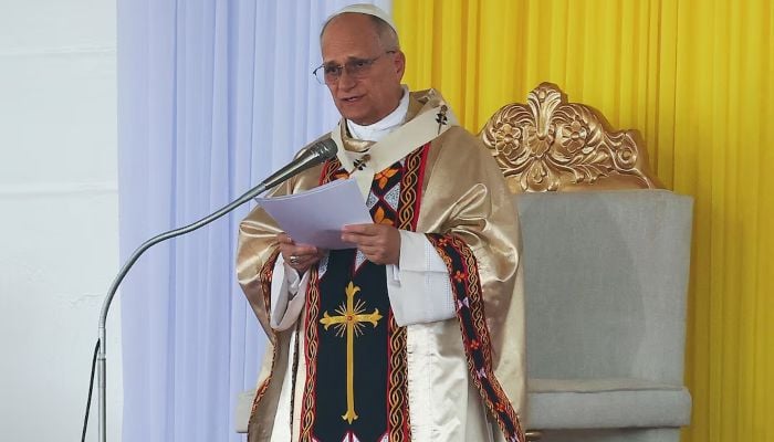 Pope Leo XIV celebrates a holy mass for peace and justice at Bamenda airport in Bamenda, Cameroon, on April 16, 2026. – Reuters