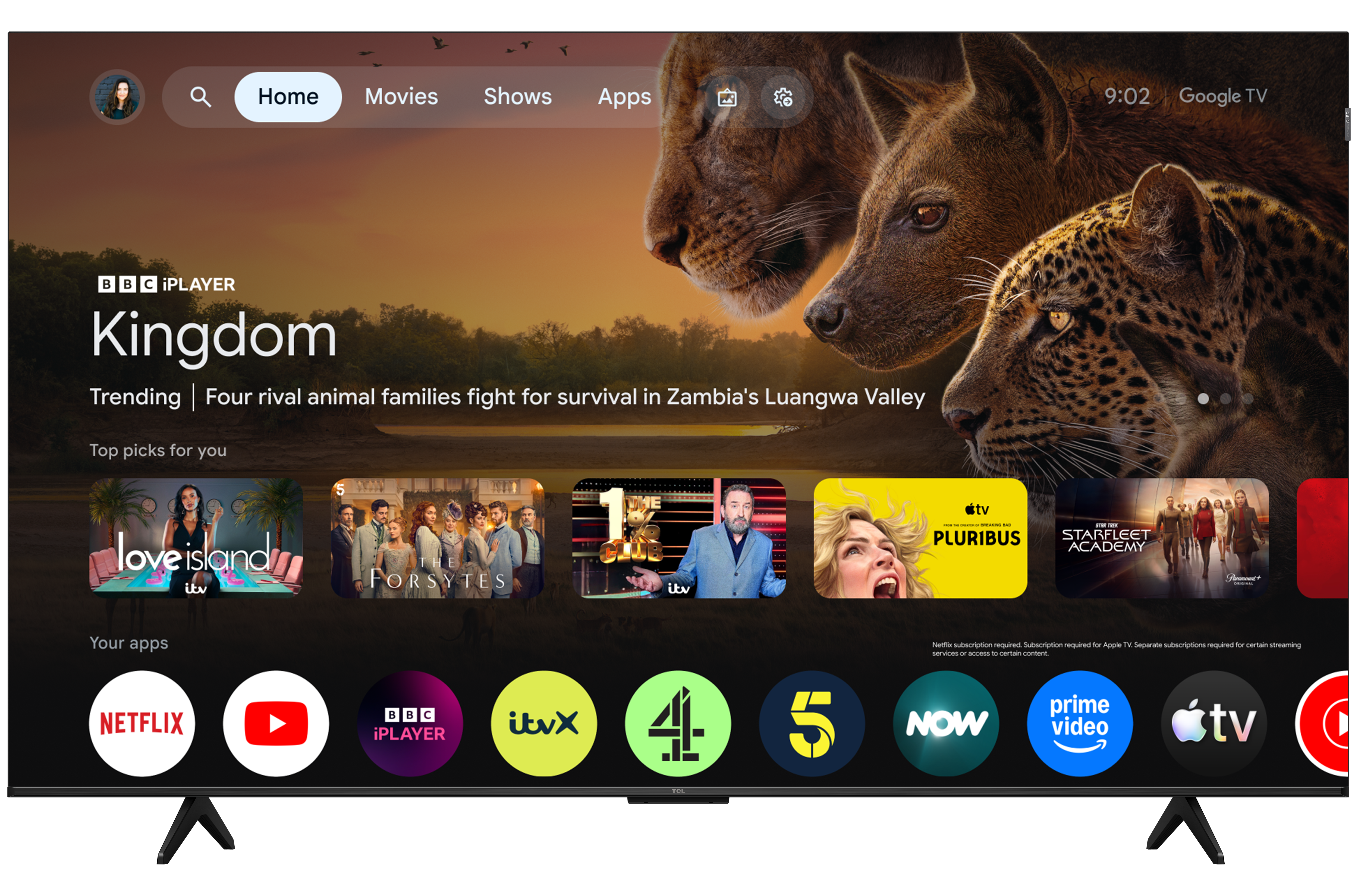 Image of the TCL P7L with the Google TV home screen on screen