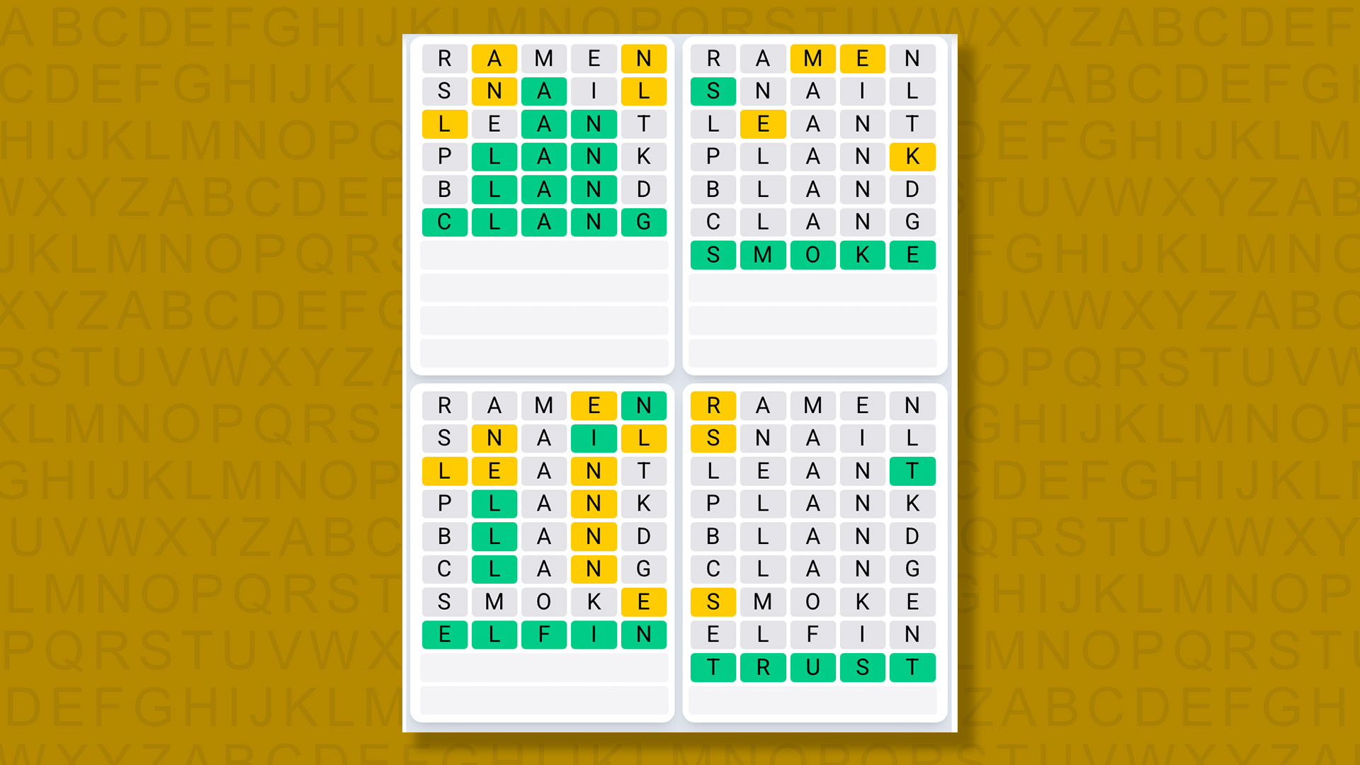 Quordle Daily Sequence answers for game 1545 on a yellow background