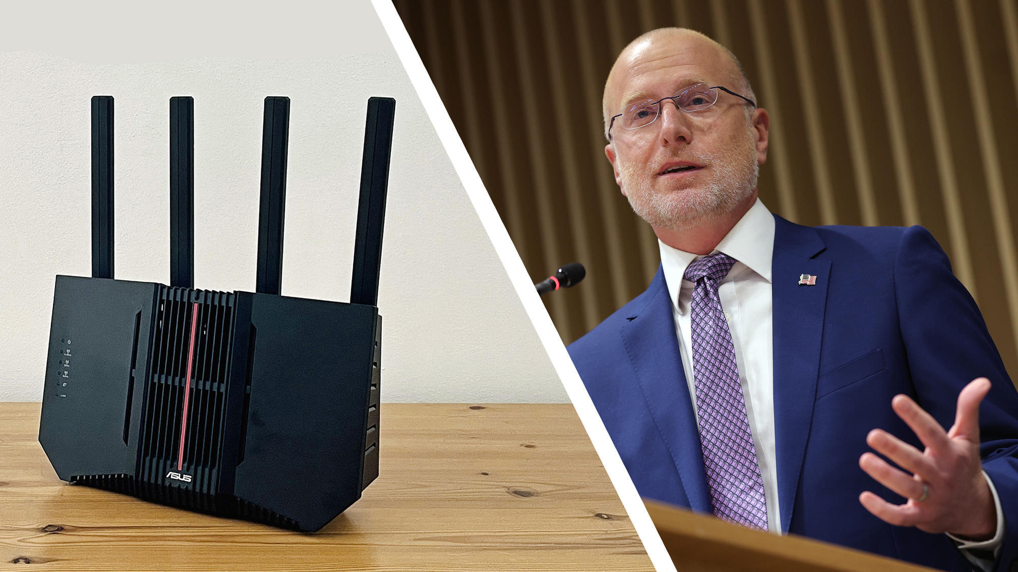 A router on a table next to a photo of FCC Chairman Brendan Carr.