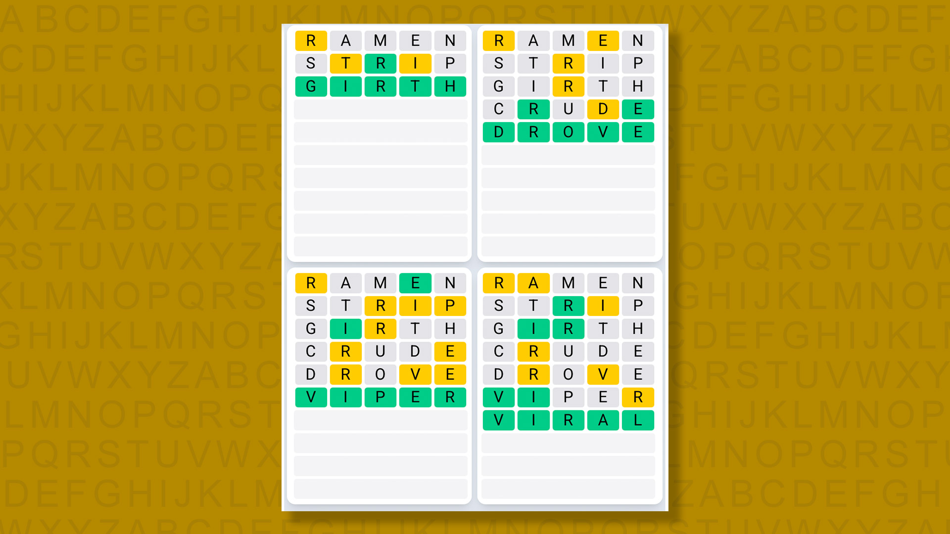 Quordle Daily Sequence answers for game 1547 on a yellow background