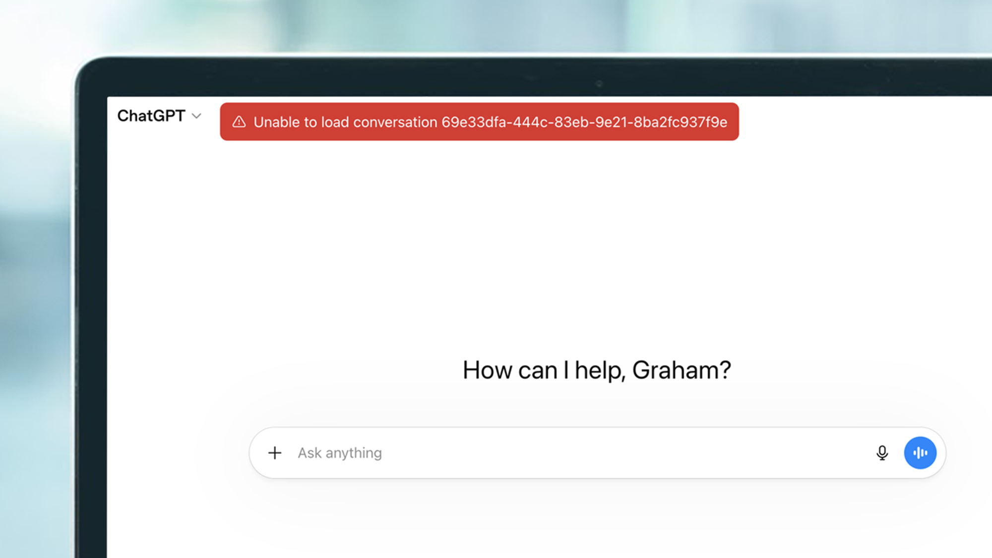 Laptop screen displays ChatGPT error message