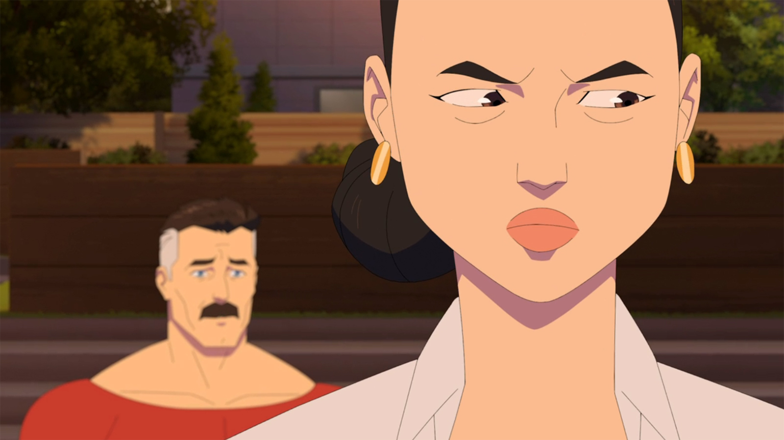 Debbie looks thoughtful while Nolan looks sad behind her in Invincible season 4 episode 8.