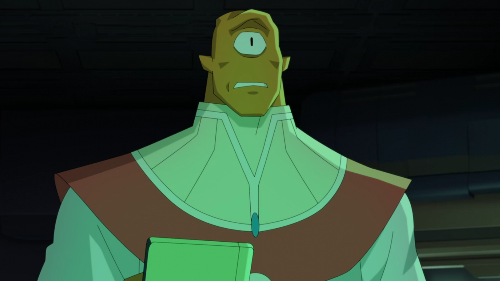 Aleen grimaces while holding a tablet and looking at the Scourge virus off-camera in Invincible season 4 episode 8.