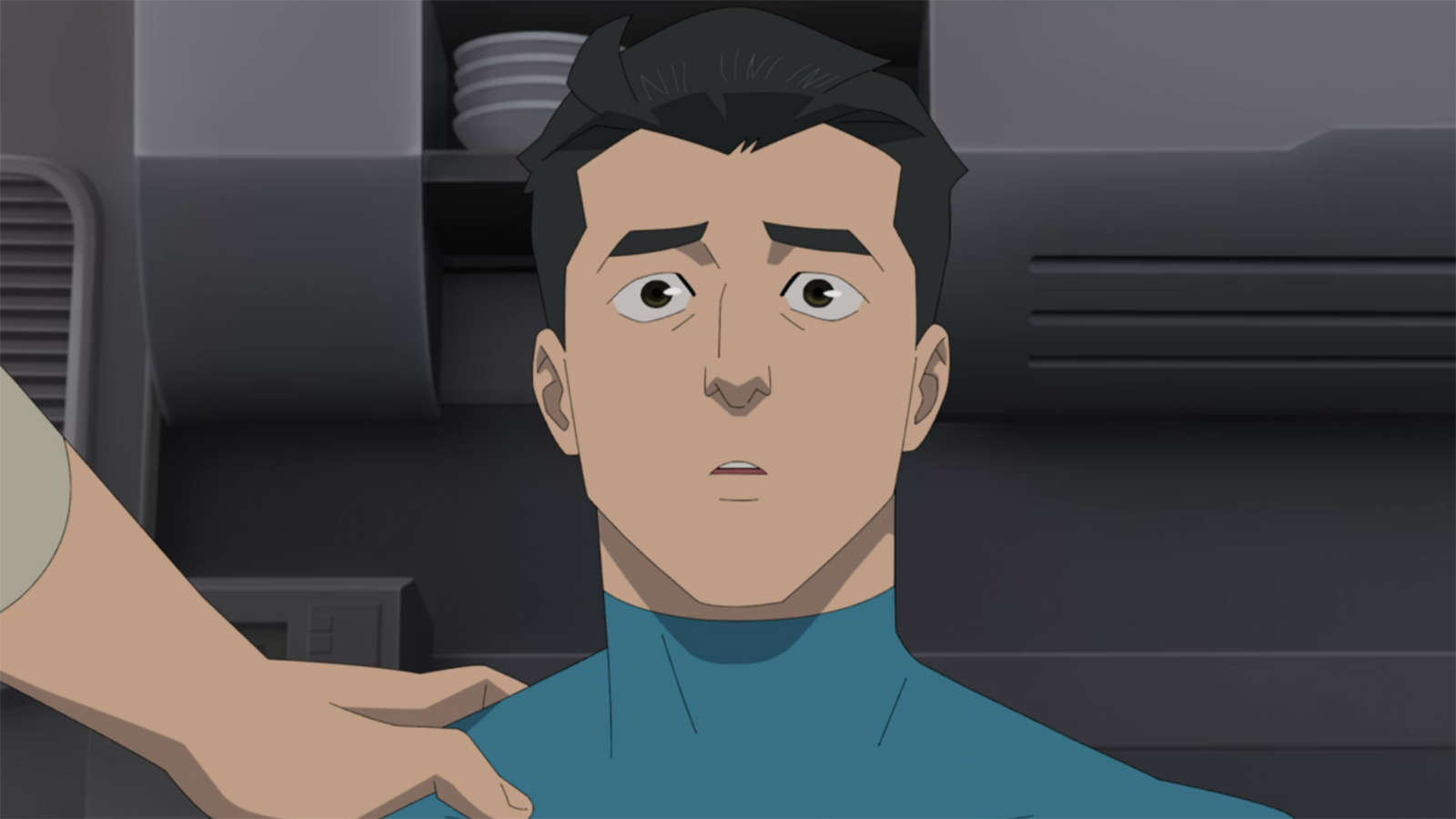 Mark appears surprised when a hand rests on his right shoulder in Invincible season 4 episode 8.