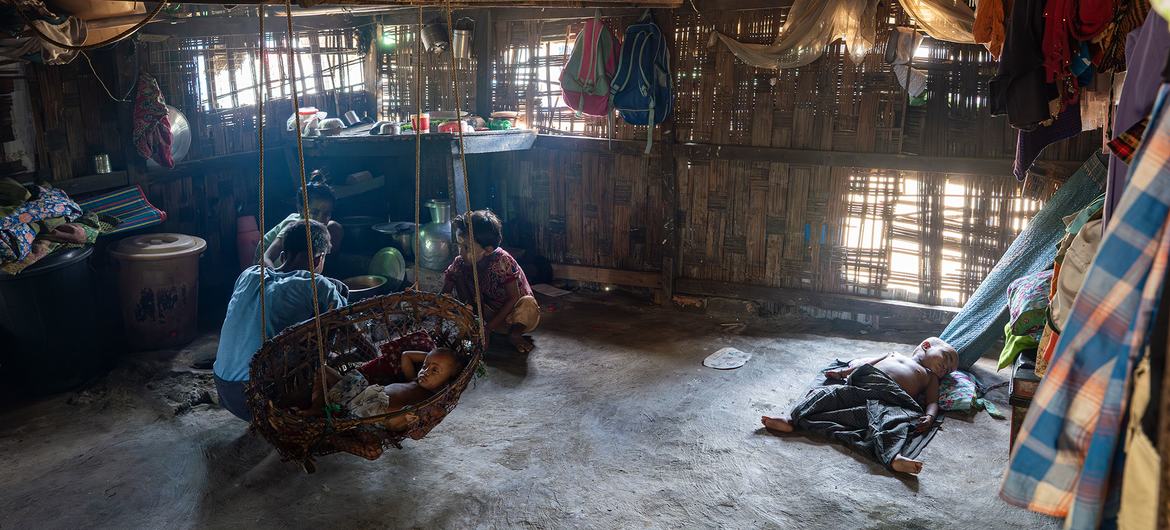 Inside an internally displaced persons camp in central Rakhine state, 2025. Myanmar is already estimated to have 3.6 million people, and the number is expected to rise to around four million in 2026.