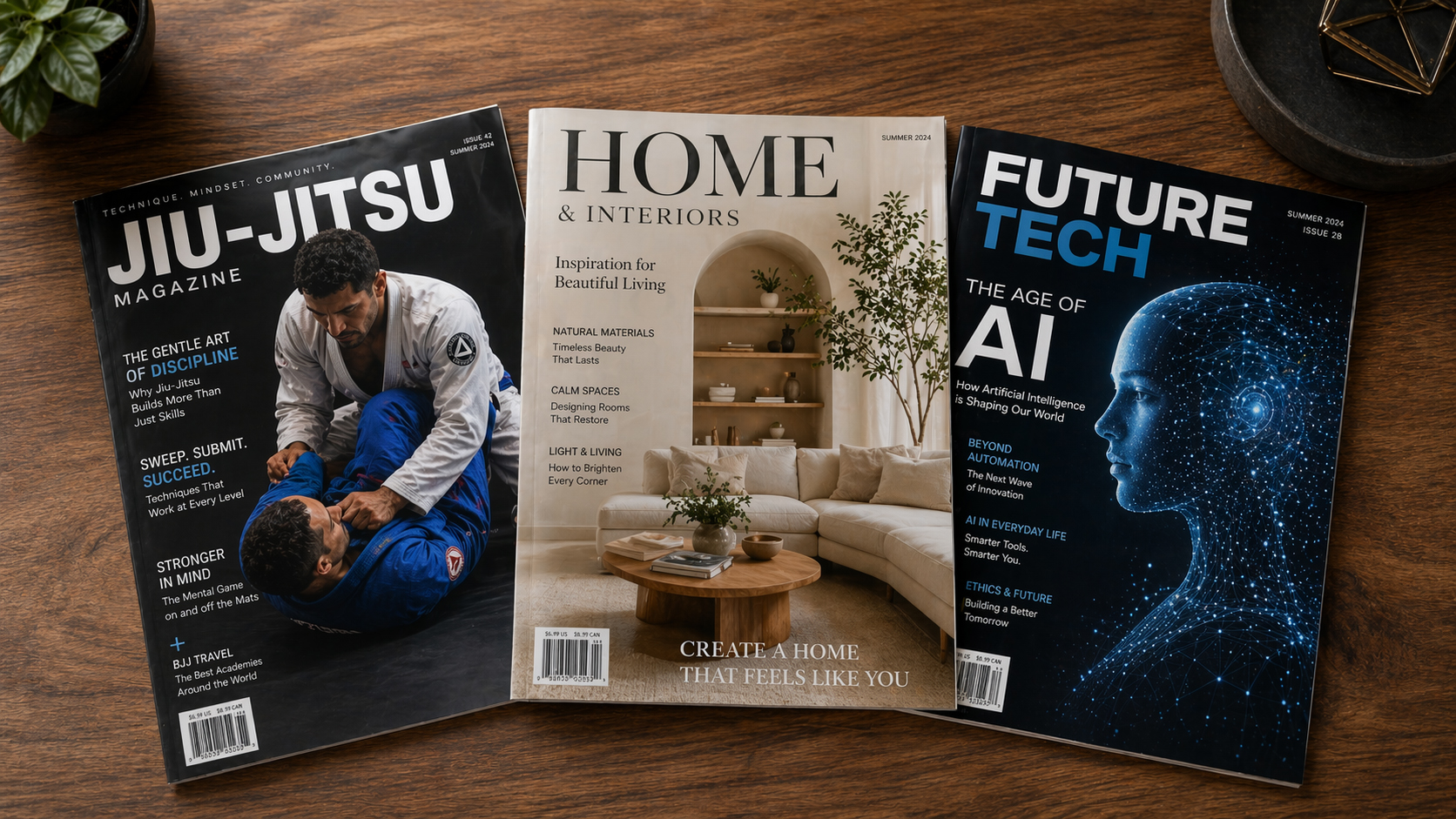 Ai-generated image of three magazines on a table.