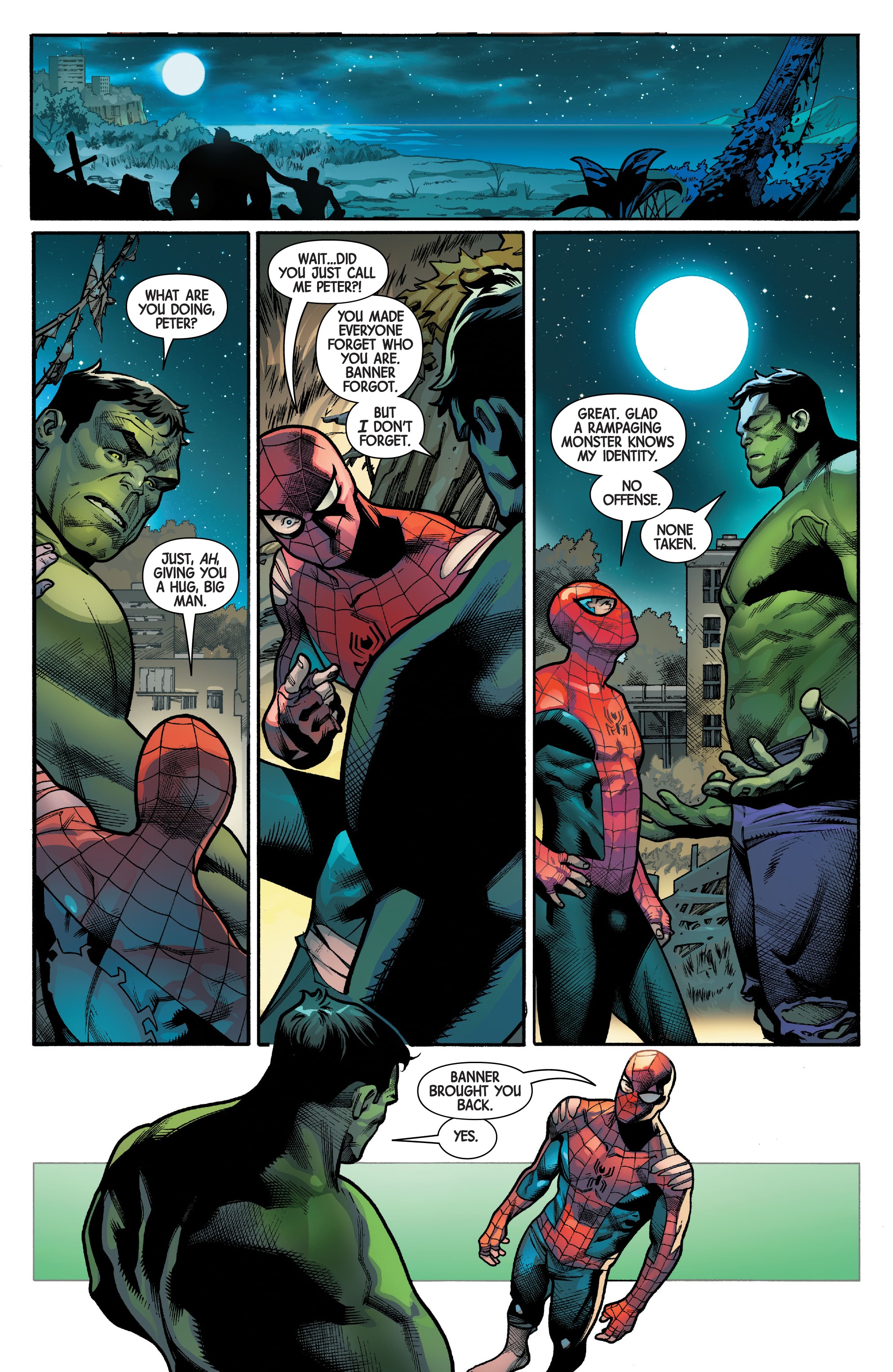 A Marvel comic page showing Hulk and Spider-Man talking in several panels.
