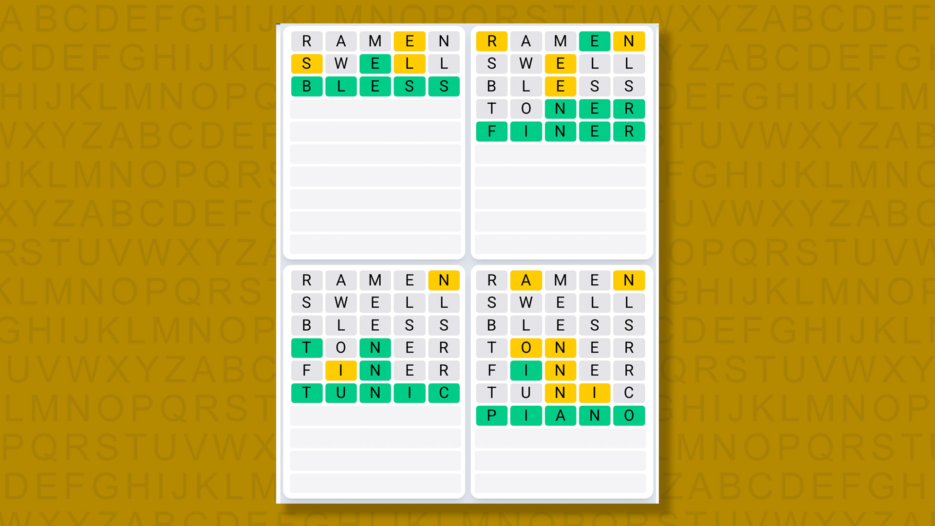 Quordle Daily Sequence answers for game 1556 on a yellow background