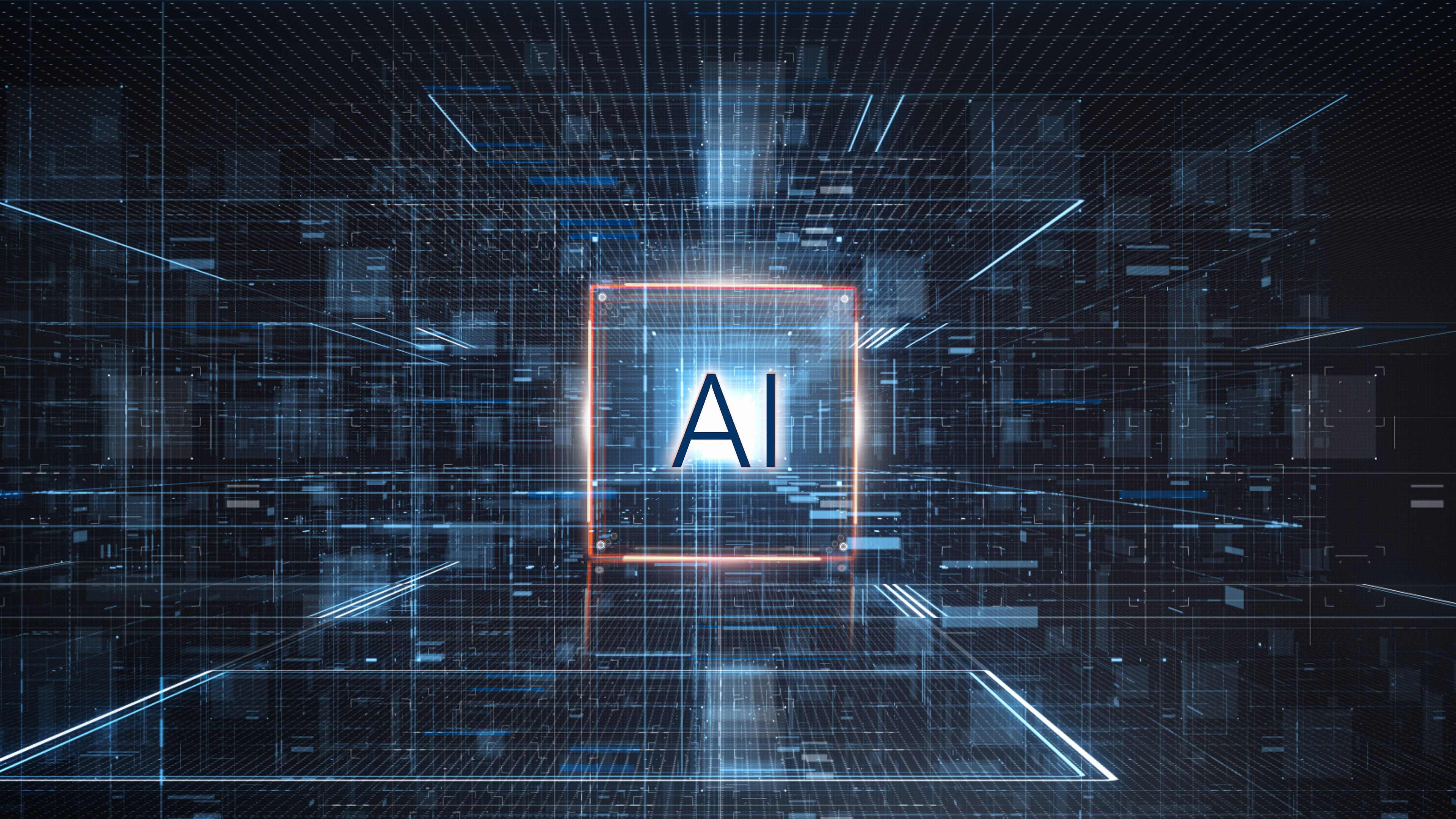 The letters AI in a box in the middle of a large digital room divided by bundles of lines