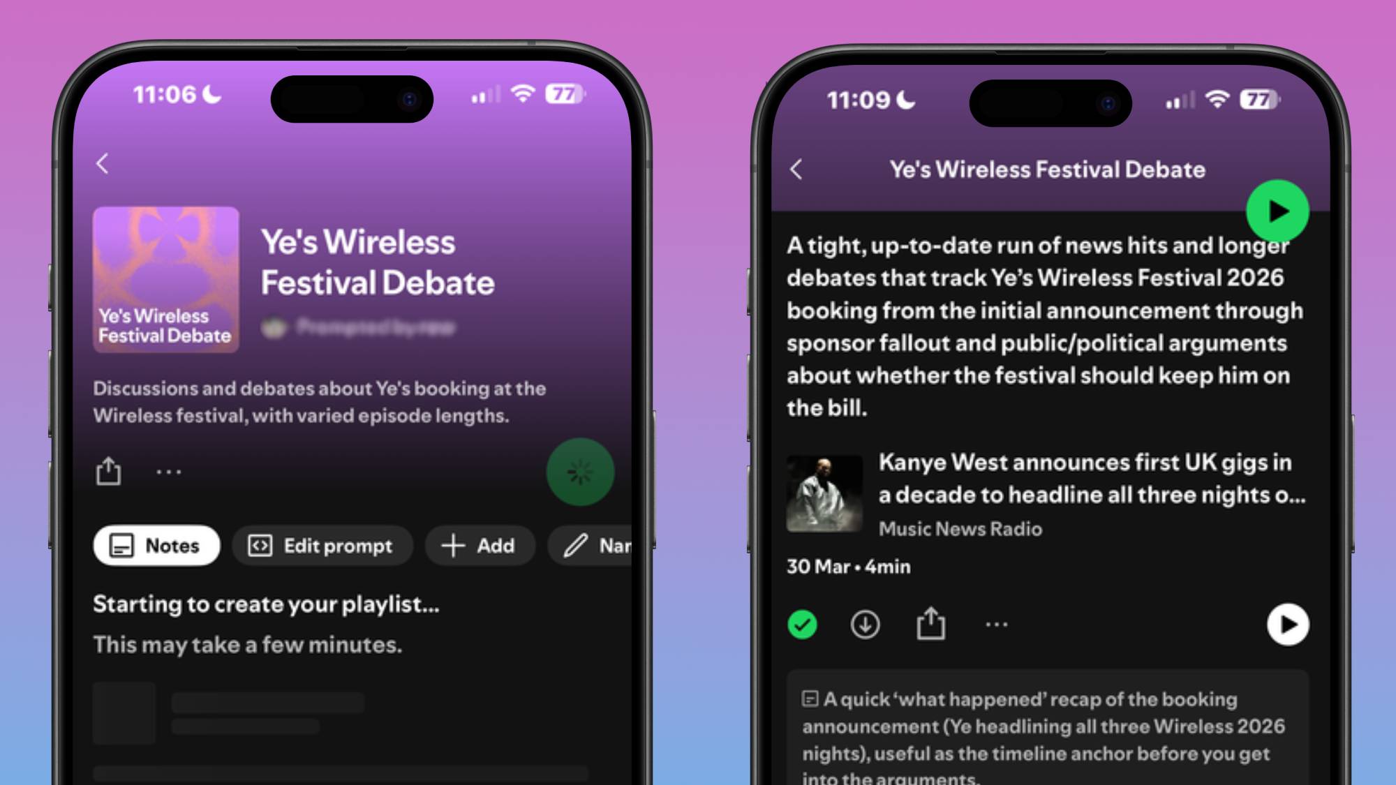 Two smartphones showing a requested playlist generated in the Spotify app